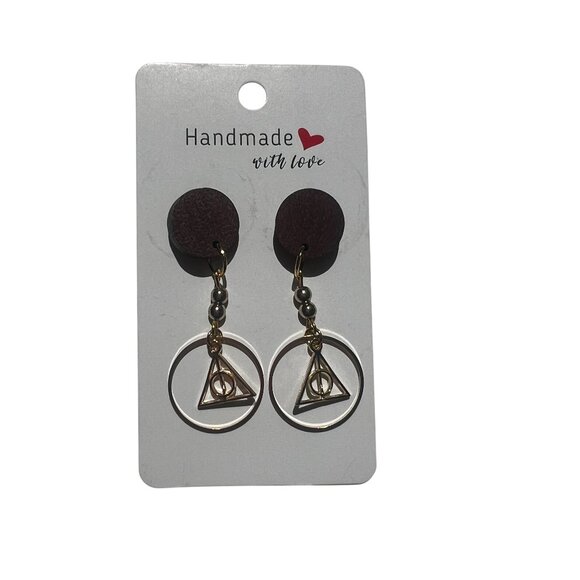 Harry Potter Deathly Hollows Gold Dangling Earrings Attached to Wood with Stud - Picture 2 of 3